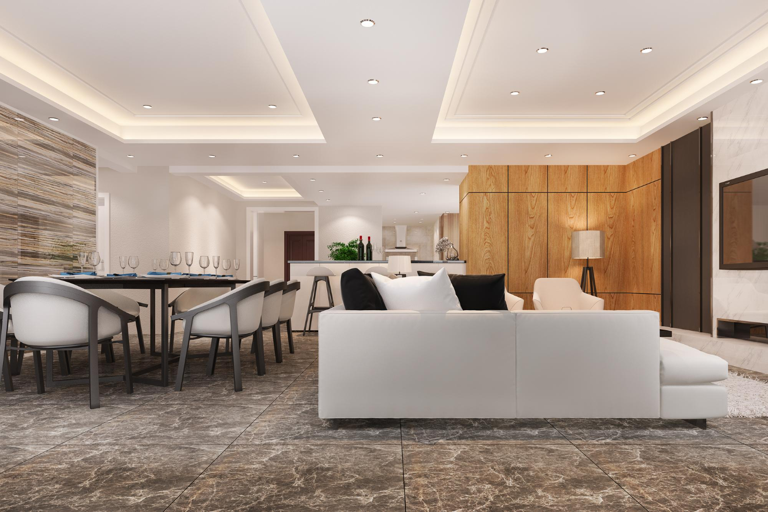 Salón comedor moderno con iluminación indirecta y mobiliario integrado renovado por ABC Decoración y Reformas.